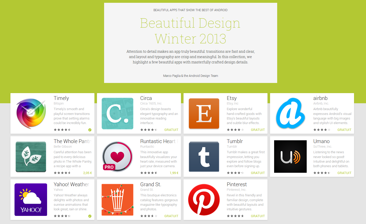 La collection d'application Android Beautiful Design Winter 2013